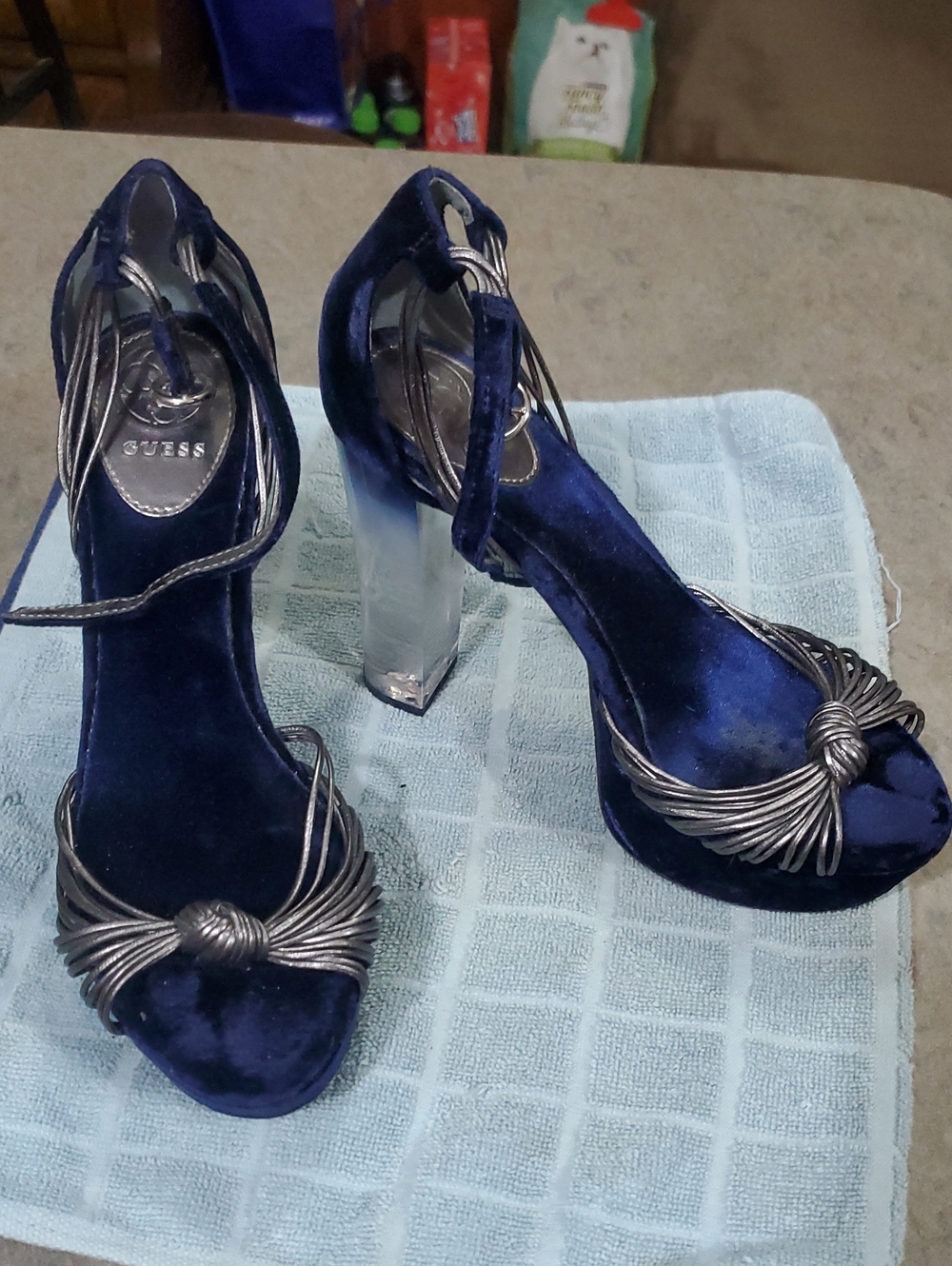Guess Navy Velvet Block Heel Sandals with Silver Knot Detail
